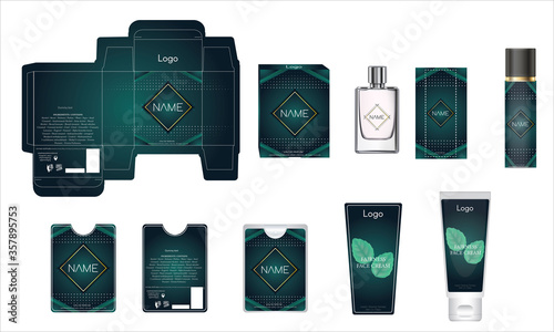 Packaging design, luxury perfume box, pocket perfume, deo design and face cream template and mock up box. Illustration vector.