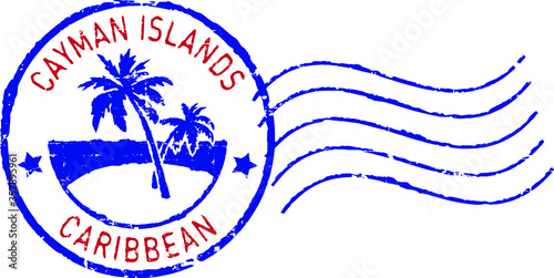 Blue postal grunge stamp ''Cayman islands-Caribbean'. White background.