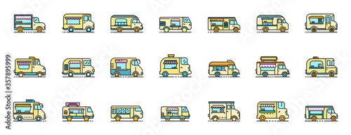 Food truck icons set. Outline set of food truck vector icons thin line color flat isolated on white