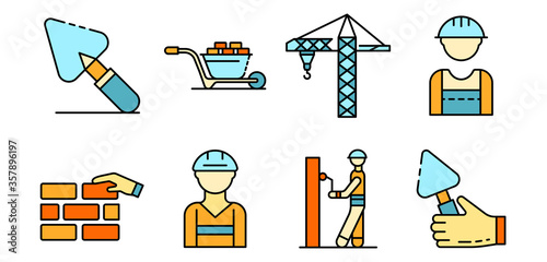 Masonry worker icons set. Outline set of masonry worker vector icons thin line color flat isolated on white