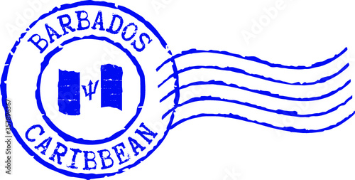 Blue postal grunge stamp ''Barbados-Caribbean'. White background.