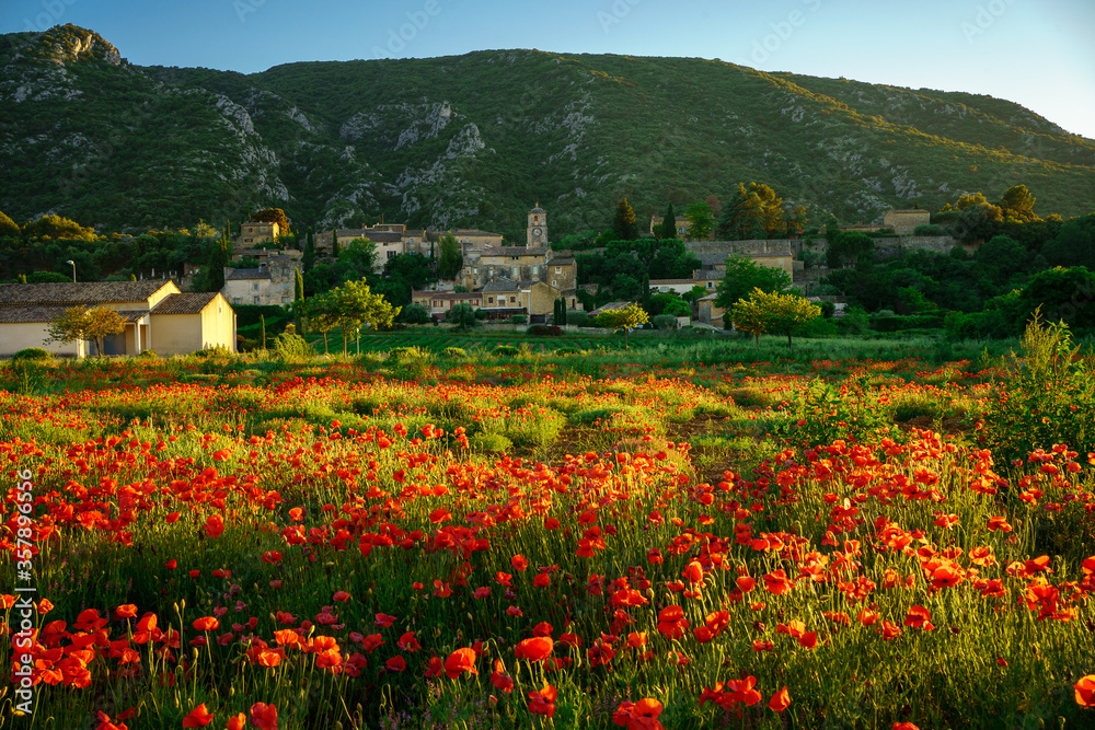 Vue panoramique sur le village Maubec en Provence, France, parc naturel Luberon au printemps. Champ de coquelicots au premier plan. Coucher de soleil.