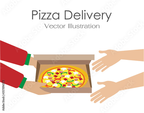Express foods delivery. Pizza Deliveryman hands holding pizza box and pass it to customer's hands. Isolated on white background. Vector Illustration. Idea for food delivery service.