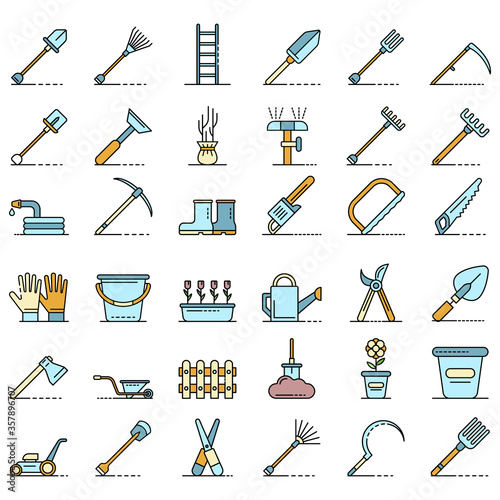 Gardening tools icons set. Outline set of gardening tools vector icons thin line color flat isolated on white