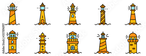 Lighthouse icons set. Outline set of lighthouse vector icons thin line color flat isolated on white