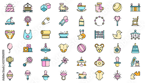 Baby items icons set. Outline set of baby items vector icons thin line color flat isolated on white