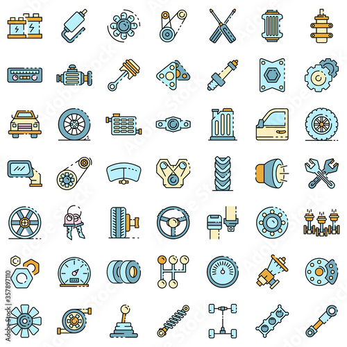 Car parts icons set. Outline set of car parts vector icons thin line color flat isolated on white