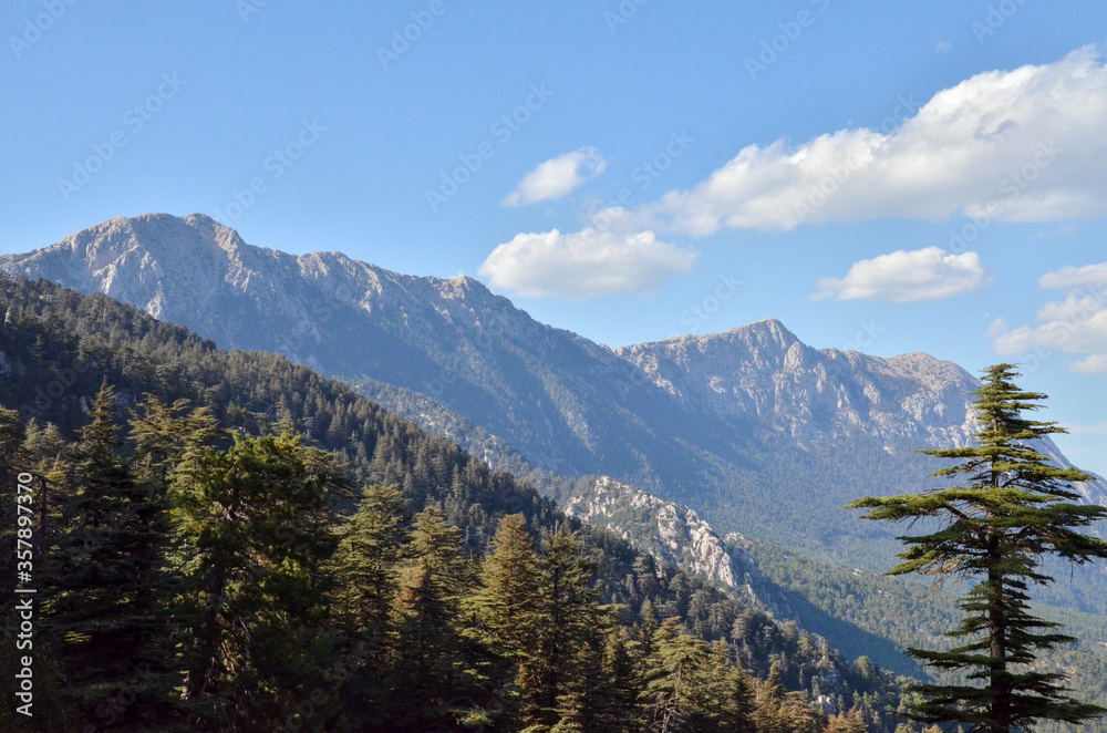 Panoramic view to the mountain range and valley, Beautiful Nature on Lycian Way. Hiking Mountains Leisure Turkey