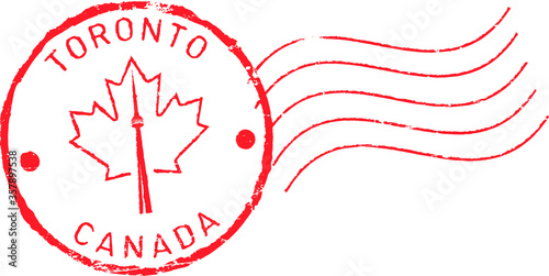 Postal grunge stamp 'Toronto - Canada'. CN tower and maple leaf.