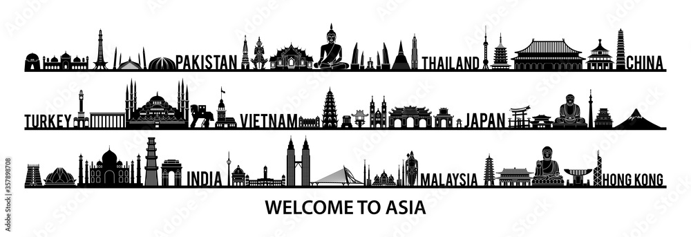 collection of famous landmarks of Asia silhouette style with black and white color,vector illustration