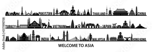 collection of famous landmarks of Asia silhouette style with black and white color,vector illustration