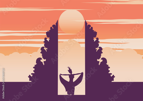 Handara gate famous landmark of Indonesia in Bali island and dancing girl,vector illustration