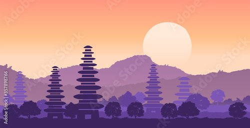 Pura ulan danu famous pagoda of Indonesia in bali island in silhouette design photo