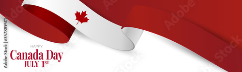Canada day banner or header background. July 1 national holiday. Canadian flag waving ribbon with maple leaf. Vector illustration red and white colors.