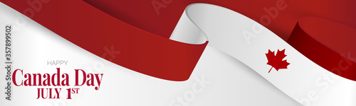 Canada day banner or header background. July 1 national holiday. Canadian flag waving ribbon with maple leaf. Vector illustration red and white colors.