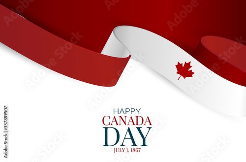 Canada day background. July 1st national holiday. Banner or advertising poster. Waving Canadian flag ribbon with maple leaf. Vector illustration.