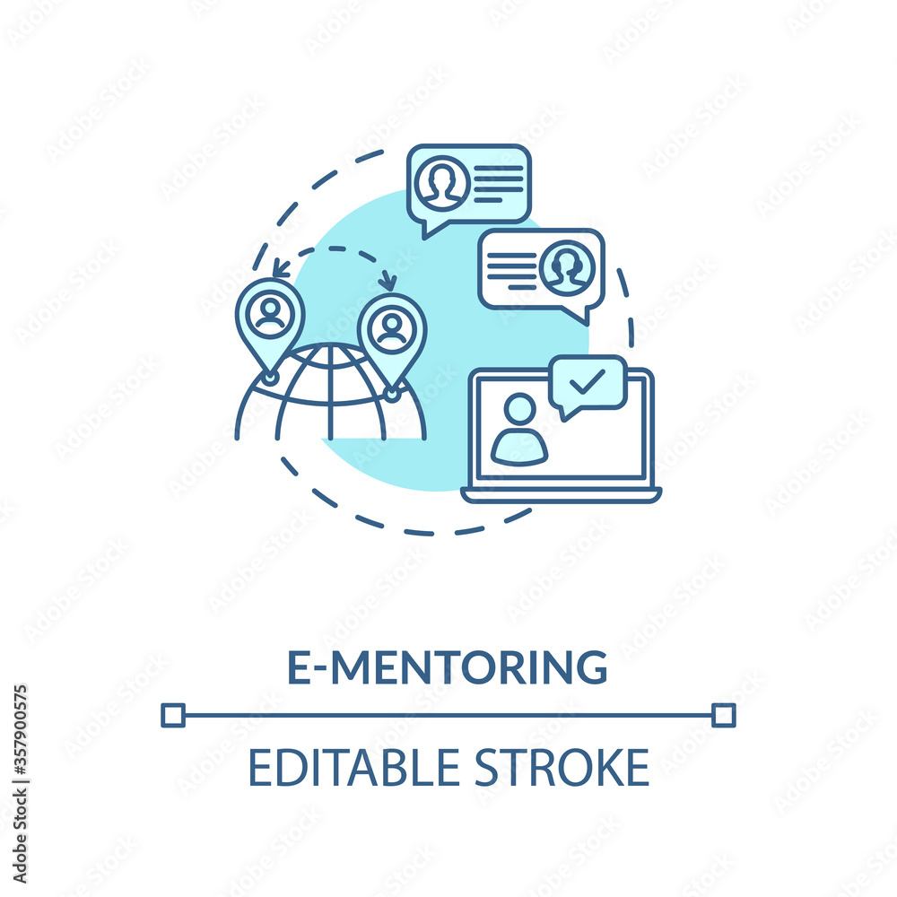 E mentoring concept icon. Internet mentorship, communication technology idea thin line illustration. Educational training courses online. Vector isolated outline RGB color drawing. Editable stroke