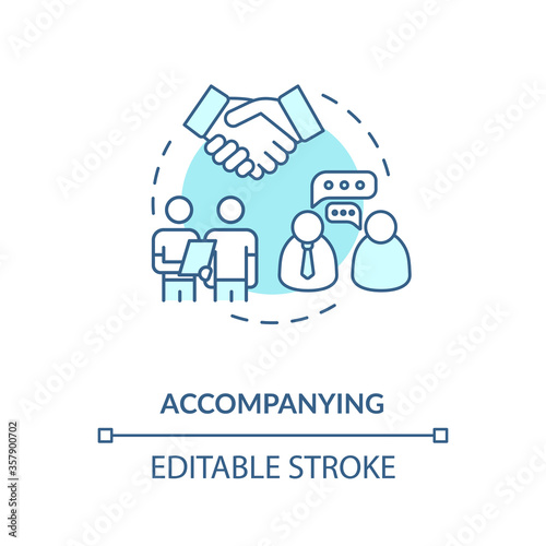 Accompanying concept icon. Mentorship technique idea thin line illustration. Teacher and student close cooperation, Personal tutor support. Vector isolated outline RGB color drawing. Editable stroke