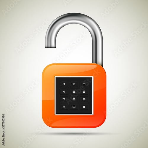 realistic opened padlock. Steel Mechanical Combination lock. Privacy padlock illustration. Enter the PIN code. Electronic lock icon. Reliable Protection open padlock badge. Code combination symbol