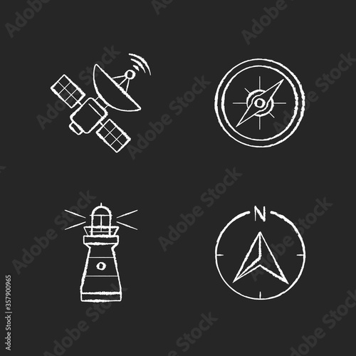 Navigation chalk white icons set on black background. Sea navigation and radiolocation. Space satellite, marine compass, lighthouse and navigator arrow. Isolated vector chalkboard illustrations