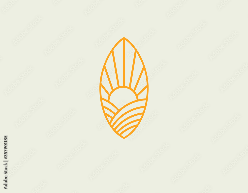 Creative abstract orange linear logo sun icon with rays and fields.