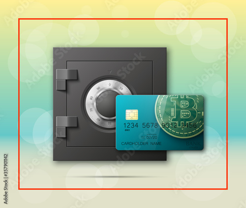 Credit card bitcoin & Electronic lock. Bank door card & combination lock front side banner. Plastic card & steel safe. Debit card & electromagnetic locking chip. Digital currency money Online payment