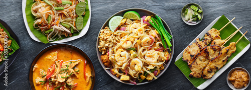 assorted thai food with shrimp pad thai and panang curry