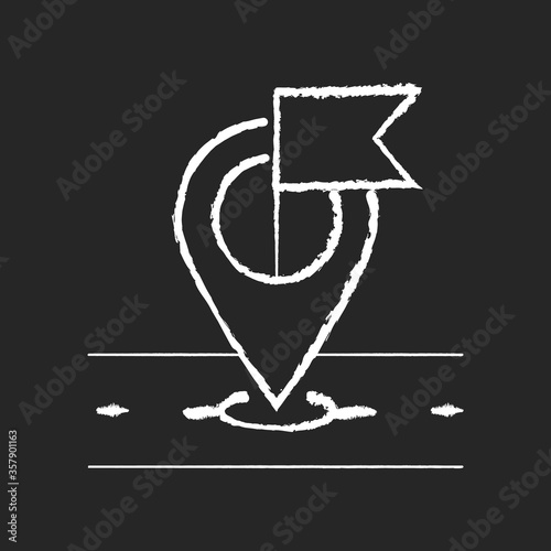 Destination marker chalk white icon on black background. Global positioning and tracking system, navigation technology. Location pointer, geotag with flag isolated vector chalkboard illustration