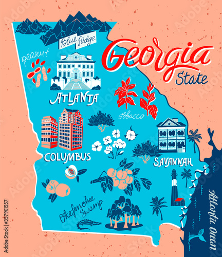 Illustrated map of Georgia, USA. Travel and attractions