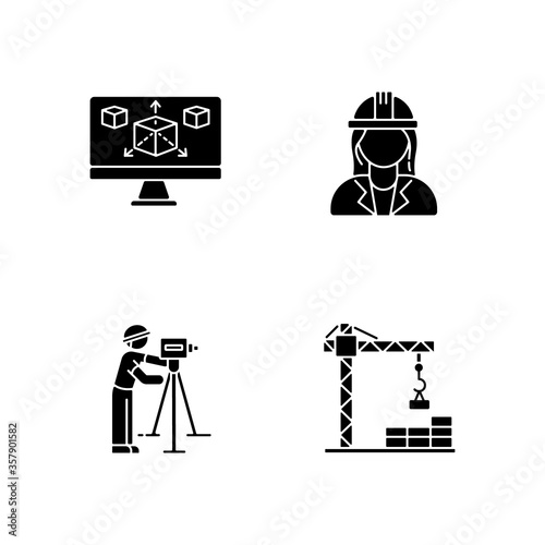 Construction building process black glyph icons set on white space. Three dimensional computer modeling. Professional land surveyor. Female architect. Silhouette symbols. Vector isolated illustration