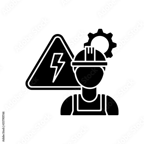 Electrical engineer black glyph icon. Technical professional for machinery maintenance. Technician to repair system. Worker in hardhat. Silhouette symbol on white space. Vector isolated illustration