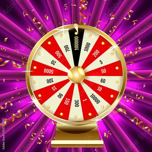 Vector realistic illustration of casino fortune wheel. Shiny lucky number wheeling roulette. Gambling industry, entertainment, hobby concept.