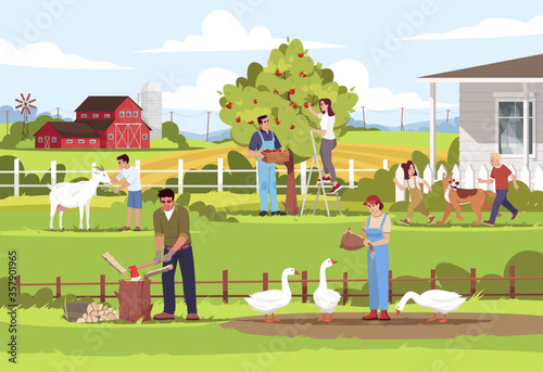 Local farm production semi flat vector illustration. Ranch activities. People feed geese. Kids play with dog. Man cut wood. Summertime vacation. Farmers 2D cartoon characters for commercial use