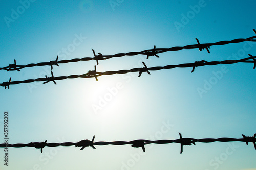 Background of barbed wire against the sky.