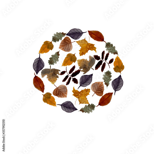 watercolor card in the form of a ball of autumn leaves