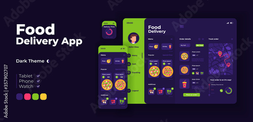 Food delivery app screen vector adaptive design template. Italian fast food ordering application night mode interface with flat illustrations. Smartphone, tablet, smart watch cartoon UI