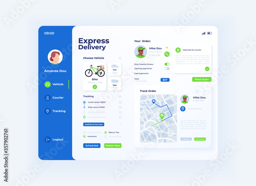 Express delivery tablet interface vector template. Mobile app page light mode design layout. Customer order menu screen. Flat UI for application. Description and route on portable device display