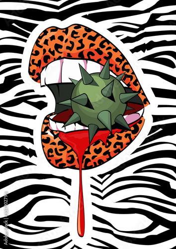 exciting image of animal print lips biting a spiked sphere and bleeding on zebra background