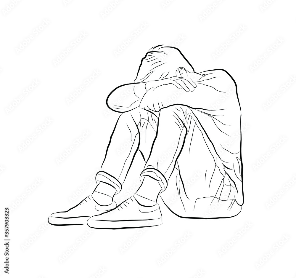 Vector linear illustration of a boy sitting on the floor. Figure ...