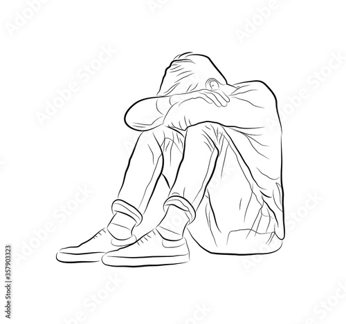 Vector linear illustration of a boy sitting on the floor. Figure sitting offended man.