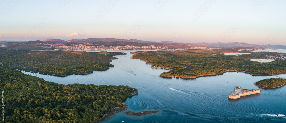 Large aerial panorama of Saint Anthony's Channel and St. Nicholas Fortress in Sibenik, Croatia