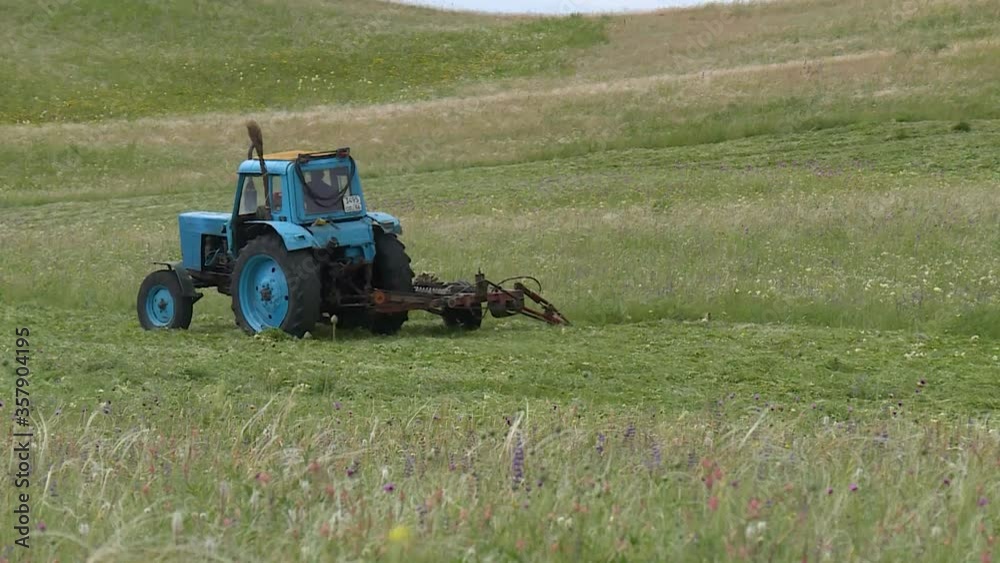 a tractor mows the grass in the field. hay. silage. the countryside a tractor mows the grass in the field. hay. silage. the countryside