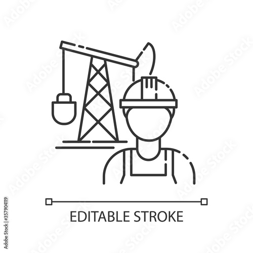 Petroleum engineer pixel perfect linear icon. Professional worker for derrick. Thin line customizable illustration. Contour symbol. Vector isolated outline drawing. Editable stroke
