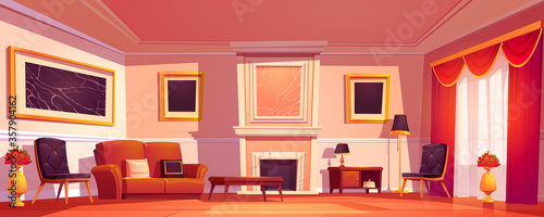 Old luxury living room interior with sofa, armchairs and marble fireplace. Vector cartoon illustration of empty lounge in classic style with red curtains and paintings in golden frames