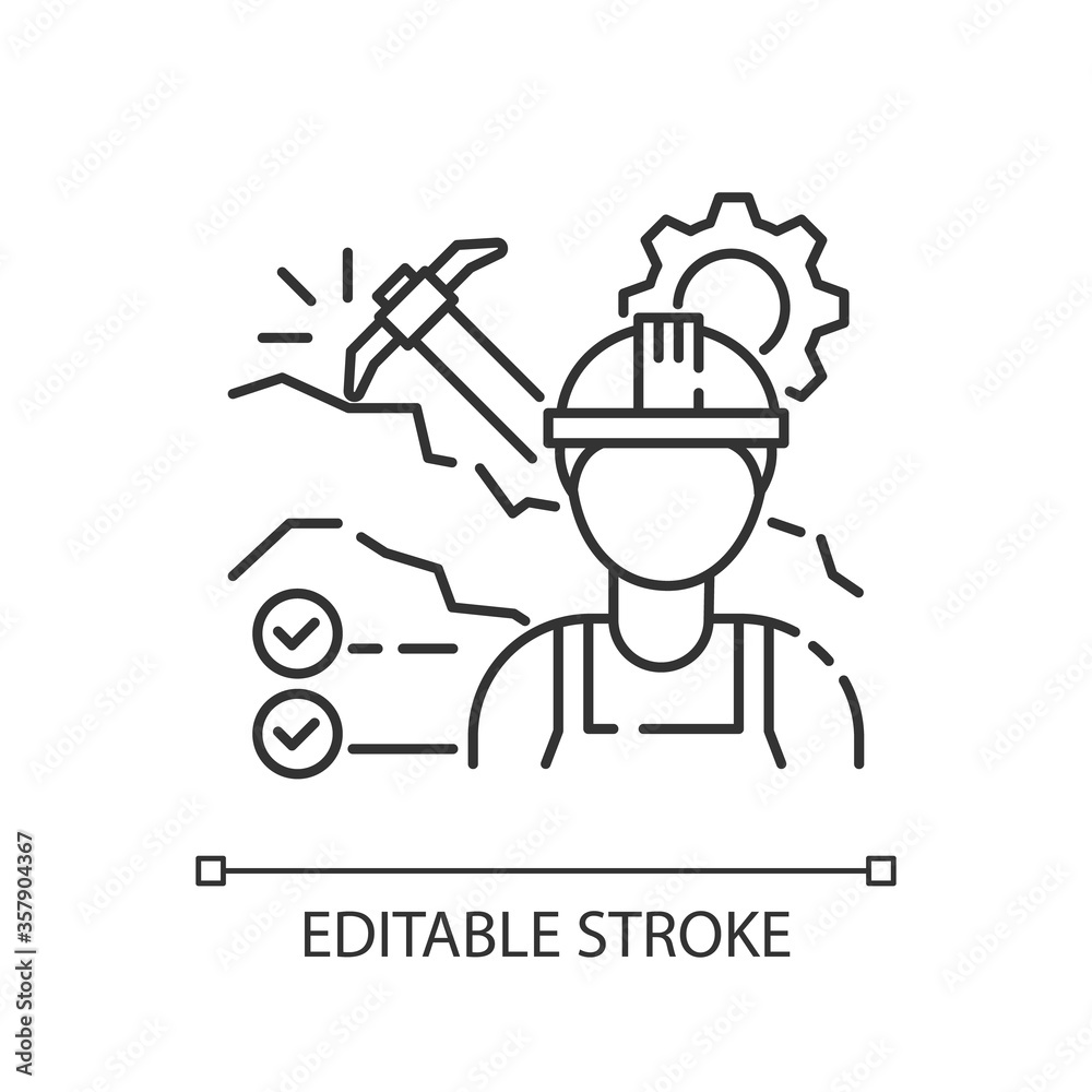 Mining engineer pixel perfect linear icon. Professional employee for mineral extraction job. Thin line customizable illustration. Contour symbol. Vector isolated outline drawing. Editable stroke Mining engineer pixel perfect linear icon. Professional employee for mineral extraction job. Thin line customizable illustration. Contour symbol. Vector isolated outline drawing. Editable stroke