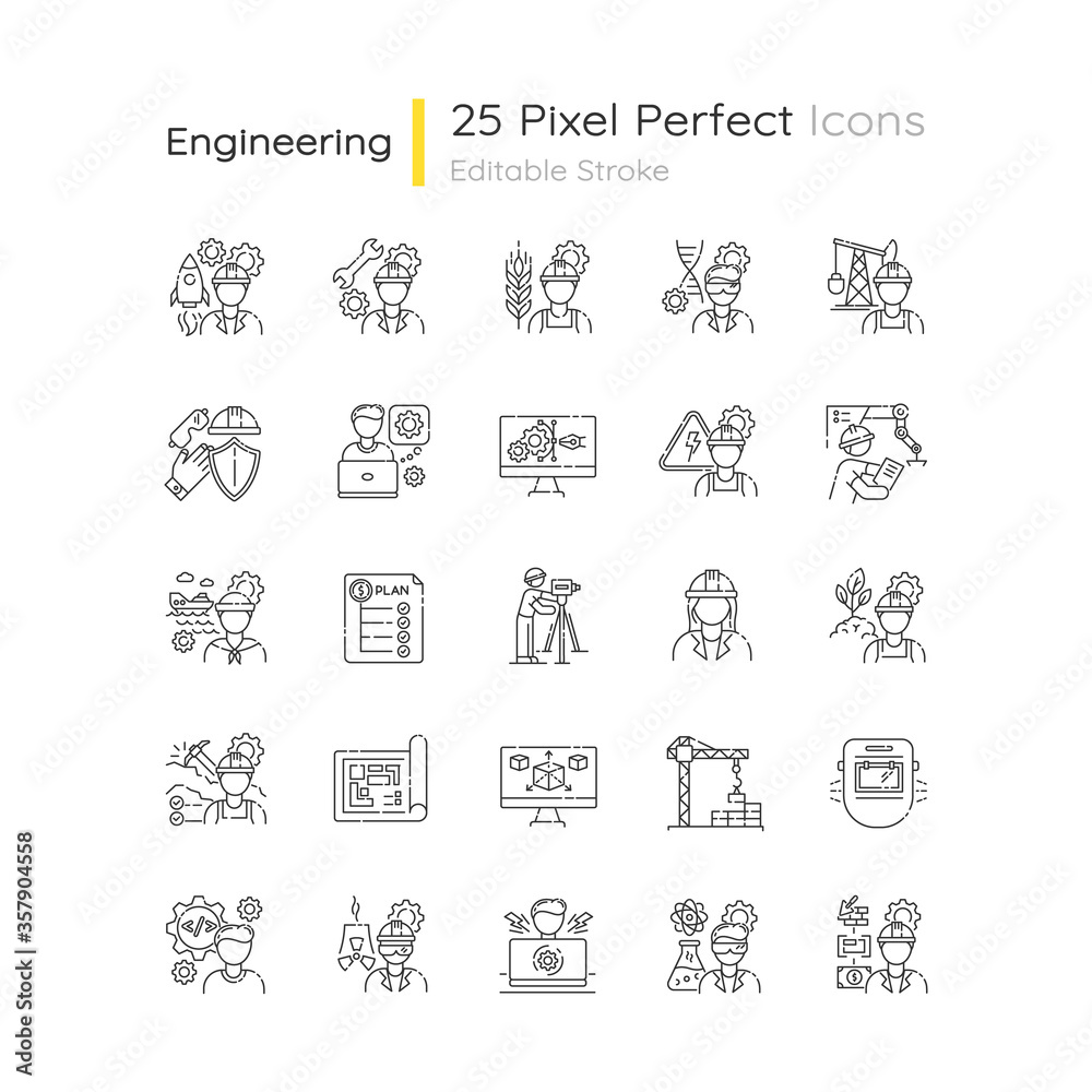 Civil engineering pixel perfect linear icons set. Professional female architect. Male contractor. Customizable thin line contour symbols. Isolated vector outline illustrations. Editable stroke