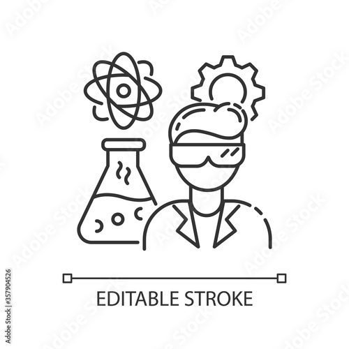 Chemical engineer pixel perfect linear icon. Professional for biotechnology experiment. Thin line customizable illustration. Contour symbol. Vector isolated outline drawing. Editable stroke