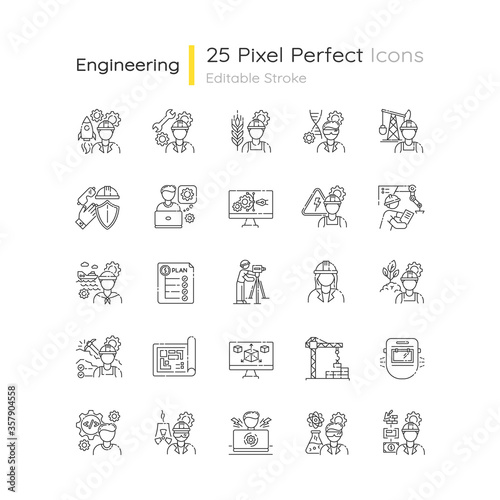 Civil engineering pixel perfect linear icons set. Professional female architect. Male contractor. Customizable thin line contour symbols. Isolated vector outline illustrations. Editable stroke