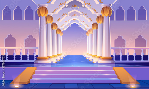 Castle corridor with staircase, columns and arches. Palace entrance with pillars and illumination. Medieval building architecture design, empty ball room, hall interior. Cartoon vector illustration