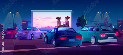 Outdoor cinema, drive-in movie theater with cars on open air parking. Vector cartoon illustration of summer night city with girls sitting on automobile roof and watching film on big screen